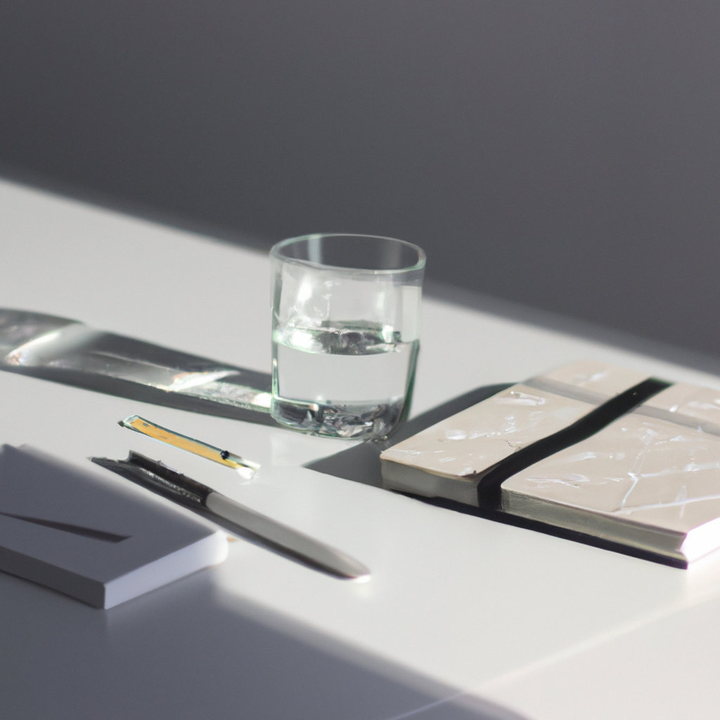 Minimalist white desk with sunlight, notebook and black pen — calm, focused learning environment